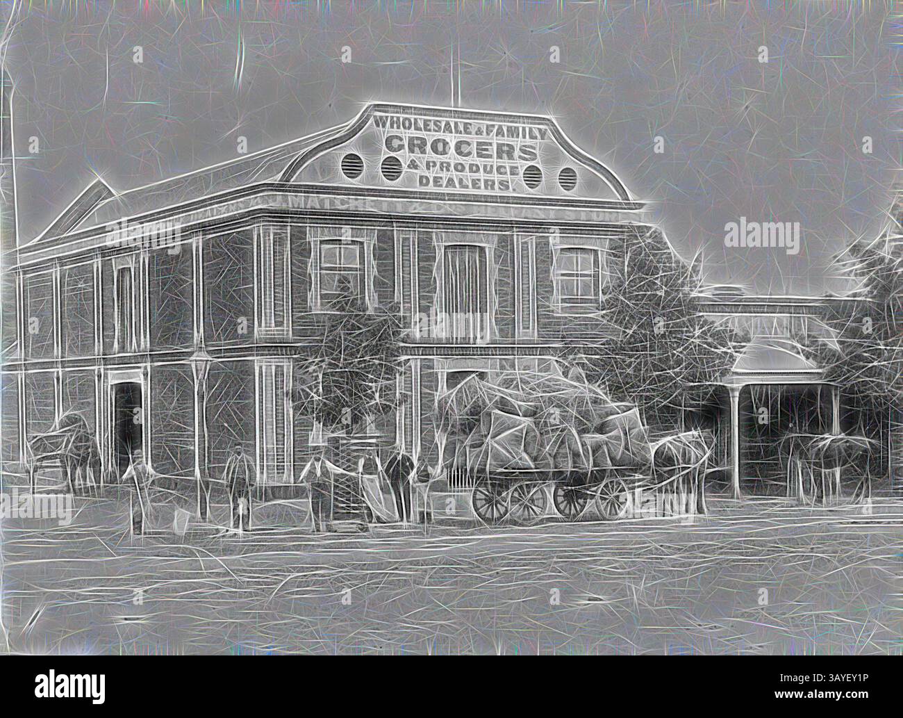 Un edificio storico etichettato "Grocers all'ingrosso e famiglia" presenta un carro trainato da cavalli di fronte, circondato da gente, che evoca un vivace mercato del passato. Negativo - Bendigo, Victoria, 1890, J. Matchett & Co Belfast Stores, grossisti e rivenditori di prodotti per famiglie. Sulla sinistra c'è un carro trainato da cavalli, un carro trainato da cavalli molto carico e un certo numero di personale davanti all'edificio. Arte classica con un tocco moderno reinventata da Artotop Foto Stock