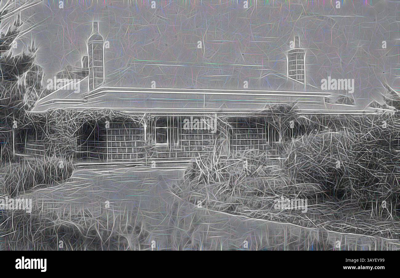 Un affascinante cottage sorge in un giardino sovrastato, che mostra la sua architettura pittoresca e lo spazio invitante. Il verde circostante aggiunge un'aria di tranquillità alla scena., negativo - Lismore, Victoria, circa 1910, il manso presbiteriano., arte classica con un tocco moderno reinventata da Artotop Foto Stock