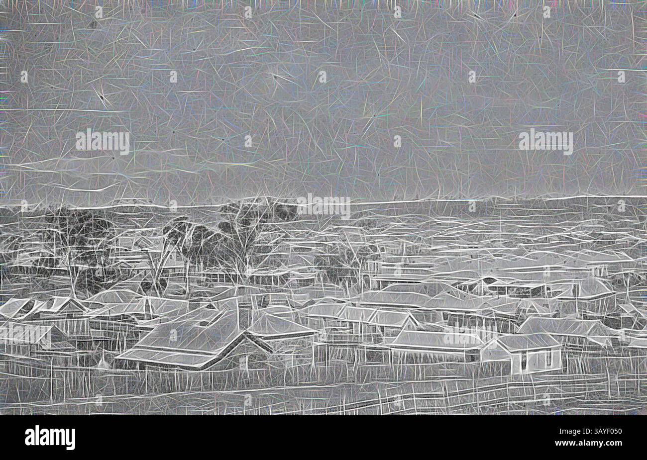 Una vista estesa di un villaggio con tetti raggruppati, incorniciato da alberi lontani e un cielo esteso, che crea un senso di tranquillità semplicità e comunità., negativo - Bendigo, Victoria, 1857, Houses in Sandhurst., arte classica con un tocco moderno reinventata da Artotop Foto Stock