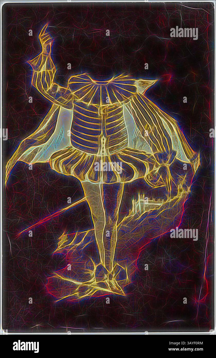 Una figura stravagante adornata in un costume teatrale, completa di colletto con volant e mantello scorrevole. La sua testa è assente, aggiungendo un'aria di mistero, mentre disegni intricati e colori vibranti ruotano intorno al personaggio, creando un ambiente onirico., negative Vignette - nobile, circa 1900, negative Vignette di un nobile, uno di un set appartenente a Vincenzo candela, un migrante italiano venuto in Australia nel 1920 con la moglie Emanuela e il figlio Angelo. Utilizzato nella sua attività fotografica nella sua città natale Viggiano, in Italia, dove si è specializzato in ritrattistica, paesaggi e vita di villaggio Foto Stock