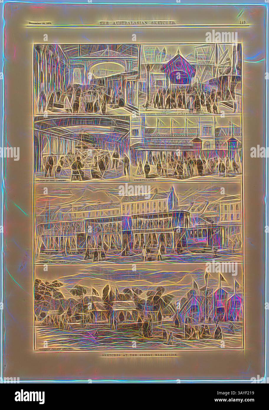 Una serie di intricate illustrazioni che raffigurano vari stili architettonici e scene di un'epoca passata, che mostrano edifici dettagliati, strade trafficate e paesaggi naturali, tutti collegati da un tema storico condiviso., Newspaper Cutting - 'Sketches at the Sydney Exhibition', The Australasian Sketcher, Melbourne, 20 dicembre 1879, Double-sided page from the Australasian Sketcher, sabato 20 dicembre 1879, pubblicato da Wilson & McKinnon, Melbourne. La prima pagina (P.149) presenta una serie di incisioni che illustrano le scene di Sydney al tempo della Sydney International Exhibition (dal 17 settembre 1879 al Foto Stock