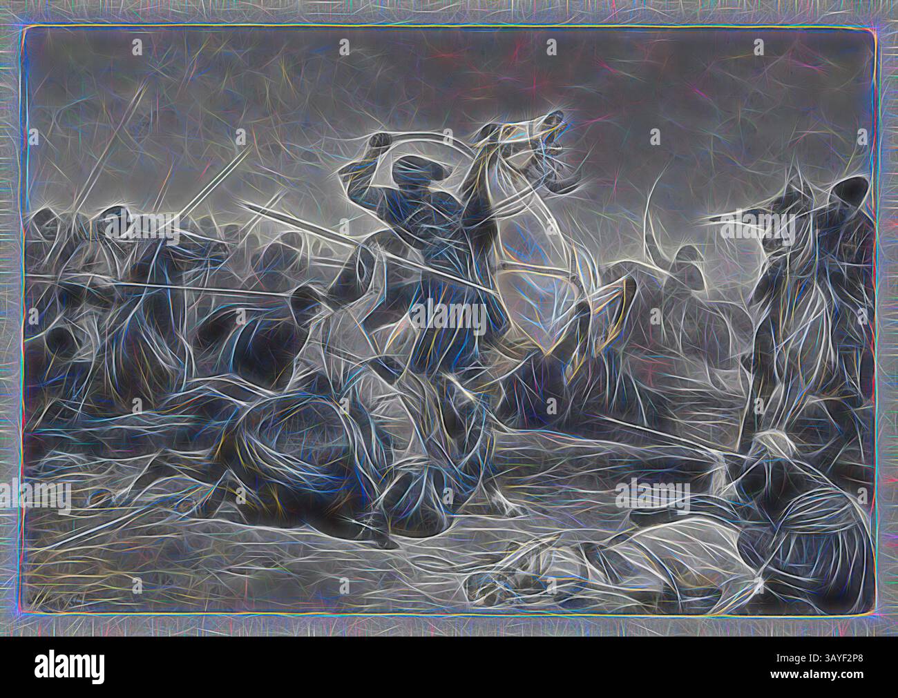 Una scena caotica sul campo di battaglia raffigurante i guerrieri impegnati in una feroce lotta, con alcuni che sollevano armi in sfida e altri stesi a terra, illustrando l'intensità e il tumulto del conflitto., Painting - 'incontro tra cosacchi e Bashi-Bazouks', John Charlton RA & JD Watson, Inghilterra, circa 1880, 'incontro tra cosacchi e Bashi-Bazouks', un dipinto di John Charlton RA & JD Watson. Il dipinto è stato esposto nella galleria di pubblicazione "The Graphic", parte della British Court alla Melbourne International Exhibition del 1880. I proprietari di "The Graphic" hanno esposto "l'intero Foto Stock