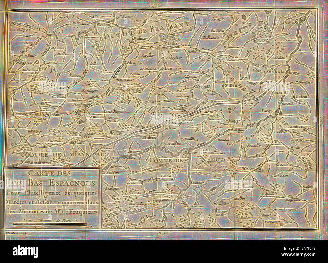 Una mappa storica che illustra le regioni dei Paesi Bassi spagnoli, con varie città, paesaggi e marcatori geografici, tutti presentati in uno stile intricato e disegnato a mano., mappe dei Paesi Bassi spagnoli, Mappa dei Paesi Bassi spagnoli, firmata: Dheulland sculp, Fig. 1, p. 278, Dheulland (sc.), Antoine de Pas Feuquières: Mémoires de M. le marquis de Feuquiere [...] contenans ses maximes sur la guerre, & l'application des Examples aux maximes. Londra: chez Pierre Dunoyer Parigi: chez Rollin fils, 1737, arte classica con un tocco moderno reinventata da Artotop Foto Stock