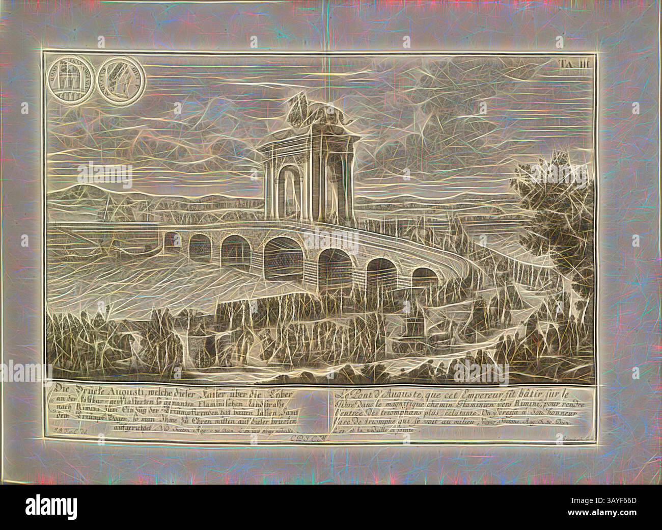 Un'illustrazione dettagliata di un maestoso ponte che attraversa un fiume, circondato da un tranquillo paesaggio caratterizzato da colline e alberi ondulati. La scena cattura un mix di splendore architettonico e bellezza naturale, con intricate opere di linea e testi che descrivono il significato della struttura., il ponte Augusti, che questo imperatore sul Tyber ..., illustrazione del Ponte di Augusto del XVIII secolo, firmato: J. B. F. v. Chr., E. del, Delsenbach., fecit, TA., III, p. 97, Fischer von Erlach, Johann Bernhard (del.); Delsenbach, Johann Adam (fec.), Johann Bernhard Fischer von Erlach: Entwurff einer Foto Stock