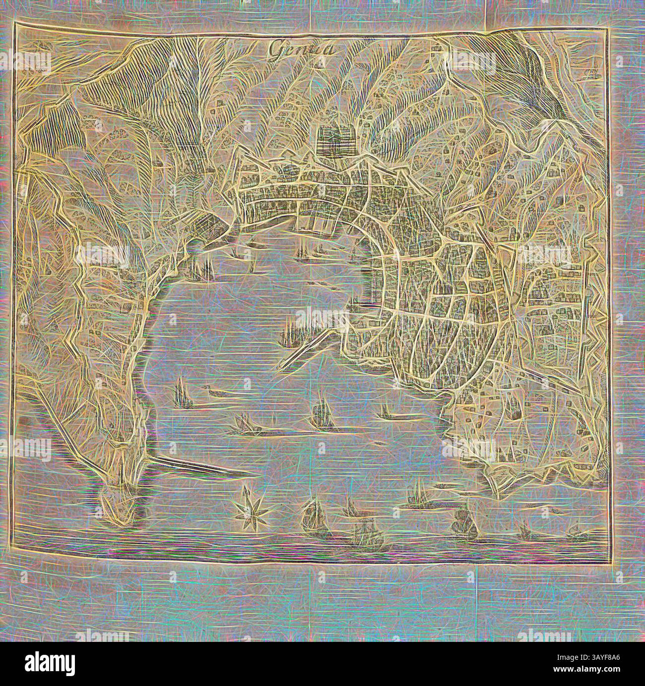 Una mappa costiera dettagliata che presenta un vivace porto, con intricati tracciati stradali e montagne vicine. Diverse navi sono raffigurate in acqua, a indicare l'attività marittima. La composizione complessiva mostra la cartografia storica di una vivace città costiera., Genova, Plan Genoa, p. 747, 1702, Schauplatz des Krieges in Italien, oder accurate Beschreibung der Lombardey: worinnen der Hertzogthümer Meyland, Savoyen, Piemont, Monferrato, Parma, Modena e Mantova, auch derer Republiquen Venedig, Genua e Lucca, ingleichen anderer kleinen Fürstenthümer alte und neue Historie, Geographie und Staats- Foto Stock