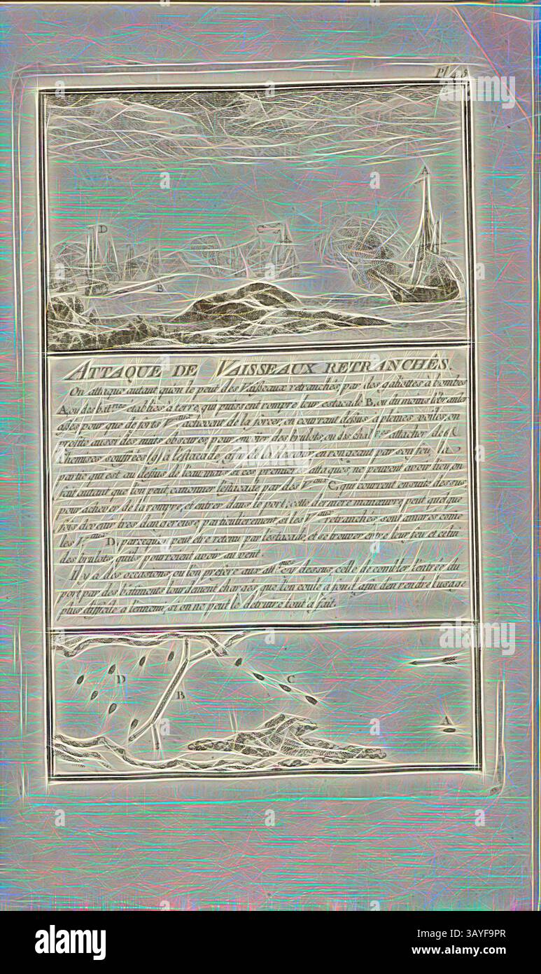 Un'illustrazione dettagliata mostra le navi che navigano in lontananza, circondate da un sereno corpo d'acqua sotto un cielo nuvoloso. Sotto l'opera d'arte, una narrazione fornisce il contesto sulla scena raffigurata e il suo significato storico., attacco di navi trincerate, ordini di battaglia per navi da guerra, PL. 45, Ozanne: Marine militaire ou recueil des différens vaisseaux qui servent à la guerre: Suivis des Maneuvers qui ont le Plus de raport au combat ainsi qu'à l'ataque et la déffese des ports. Parigi: chez Chereau, [17--], arte classica con un tocco moderno reinventata da Artotop Foto Stock
