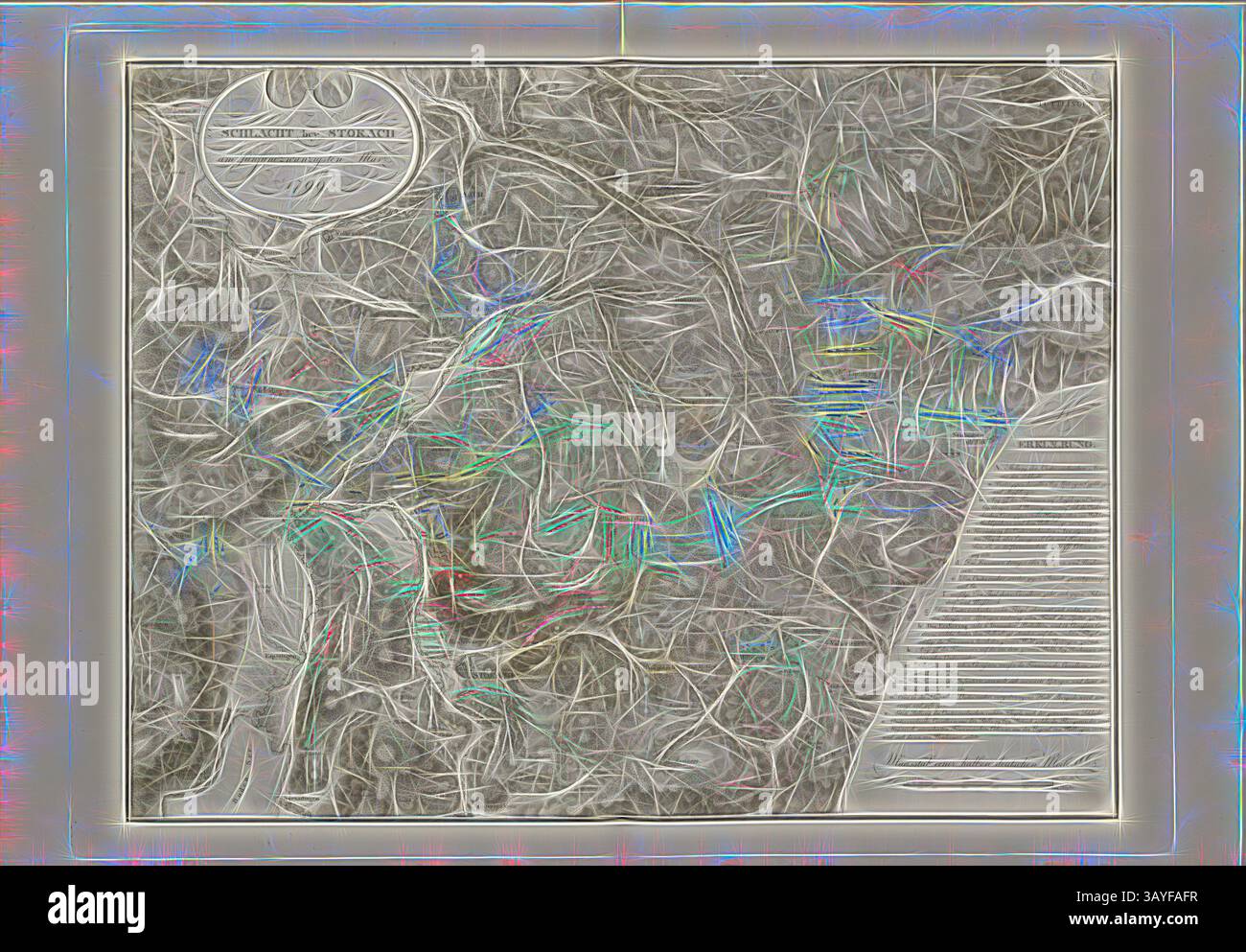 Uno sfondo complesso e testurizzato caratterizzato da linee intricate e una miscela di sfumature colorate. L'angolo superiore include un logo e la sezione inferiore contiene testo formattato, aggiungendo una profondità artistica stratificata alla composizione complessiva., Battaglia di Stokach il 25 marzo 1799, Mappa della Battaglia di Stockach il 25 marzo 1799, firmato: Gez., V, Hptm. Rosenberg; D., di Joseph List, Taf. 5, p. 12, Rosenberg (gez.); List, Joseph (gest.), Erzherzog Karl von Oesterreich: Geschichte des Feldzuges von 1799 in Deutschland und in der Schweiz. BD 3) Wien: Gedruckt bei Anton Strauss, 1819 Foto Stock