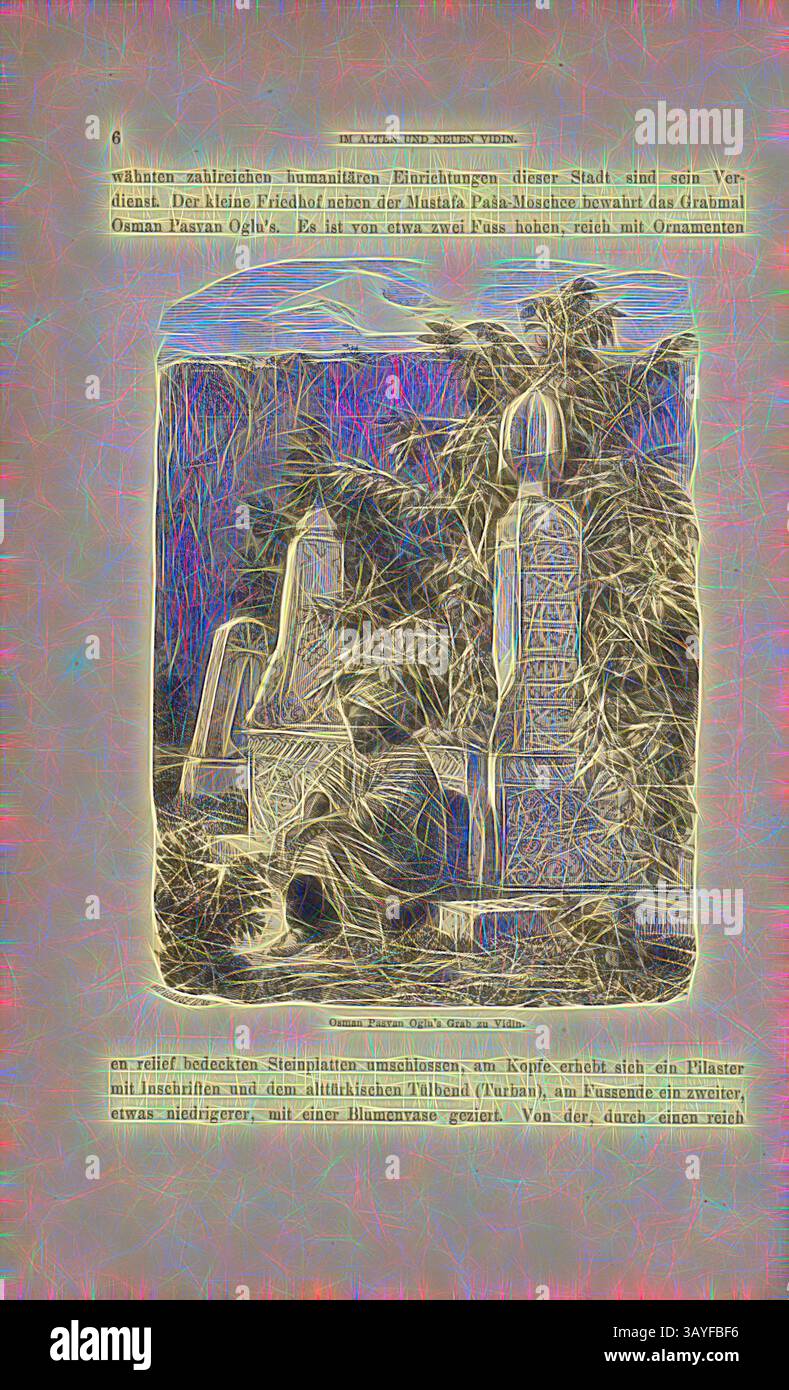 Una rappresentazione astratta di un tranquillo cimitero con lapidi e fogliame sovrastato, che evoca un senso di quiete riflessivo e memoria storica. I dettagli e le texture intricati aggiungono una qualità eterea al paesaggio., Grab zu Vidin di Osman Paswan Oglu, Tomba di Osman Pazvanto lu a Vidin (Bulgaria), firmato: H.P., Hansen sc, Fig. 2, pag. 6, Hansen, Hans Peter (sc.), 1879, F. Kanitz: Donau-Bulgarien und der Balkan: historisch-geographisch-ethnographische Reisestudien aus den Jahren 1860-1879. Lipsia: Verlagsbuchhandlung von Hermann Fries, 1879-1880, arte classica con un moderno Foto Stock