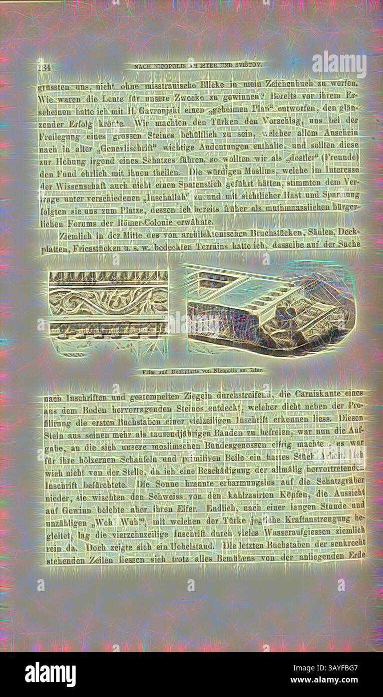 Un'intricata illustrazione accompagnata da un testo dettagliato, che mostra un'esplorazione storica di elementi architettonici, tra cui motivi decorativi e disegni strutturali, presentati in un formato accademico., fregio e piastra di copertura di Nicopoli su Ister, rovine dell'antica città di Nicopoli ad Istrum in Bulgaria, firmato: H. KBG, Fig. 29, pag. 184, Käseberg, Hugo (sc.), 1879, F. Kanitz: Donau-Bulgarien und der Balkan: historisch-geographisch-ethnographische Reisestudien aus den Jahren 1860-1879. Lipsia: Verlagsbuchhandlung von Hermann Fries, 1879-1880, arte classica con un tocco moderno reinventata Foto Stock