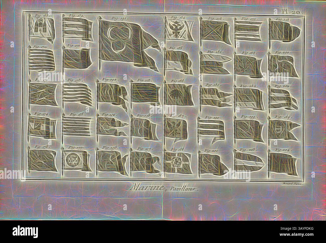 Una raccolta diversificata di bandiere marittime, ciascuna delle quali rappresenta paesi o segnali diversi, organizzata in formato griglia. Ogni bandiera presenta disegni e simboli unici che mostrano una ricca varietà di colori e motivi. Marine, Pavilions 7, Flags, firmato: Benard Direx, pl. 20, dopo P. 14, Benard (dir.), 1778, Denis Diderot; m. d'Alembert: Encyclopédie, ou Dictionnaire raisonné des Sciences, des Arts et des métierss, des Arts et des métiers. Genève: chez pellet, MDCCLXXVIII [1778], arte classica con un tocco moderno reinventata da Artotop Foto Stock