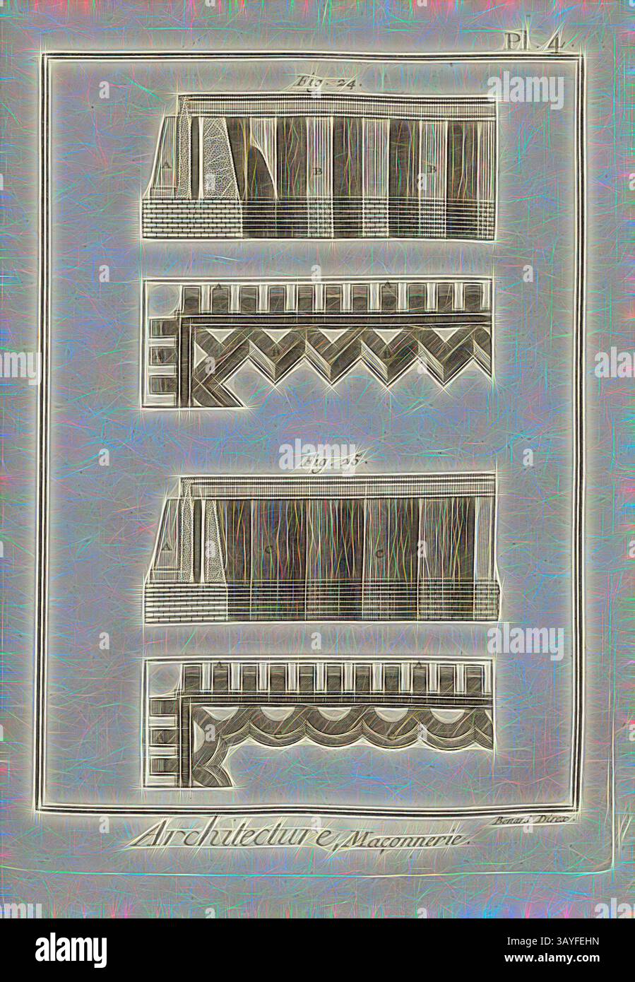 Un'illustrazione dettagliata che mostra motivi architettonici, con tre disegni decorativi distinti etichettati come "Fig. 24" e "Fig. 25. » Ogni design mette in risalto complessi motivi che enfatizzano l'artigianalità e lo stile dell'architettura., architettura, muratura 4, muratura, firmato: Benard direx, PL. 4, dopo P. 48, Benard (dir.), 1778, Denis Diderot; m. d'Alembert: Encyclopédie, ou Dictionnaire raisonné des Sciences, des Arts et des métierss, des Arts et des métiers. Genève: chez pellet, MDCCLXXVIII [1778], arte classica con un tocco moderno reinventata da Artotop Foto Stock