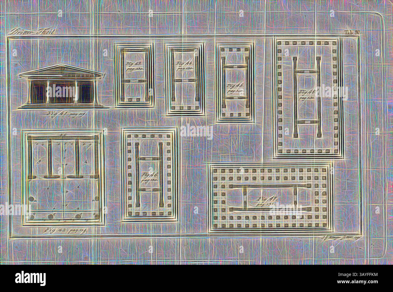 Un dettagliato layout architettonico caratterizzato da una serie di strutture, tra cui un edificio prominente simile a un tempio, circondato da varie forme rettangolari, ciascuna etichettata con iscrizioni. Il design mostra una disposizione precisa, enfatizzando la simmetria e l'organizzazione spaziale., tempio, pianta del pavimento e vista di un tempio del XVIII secolo, firmato: J. G. Klinger sc. ... 1796, Tab. IV., Klinger, Johann Georg (sct.), 1796, Christian Ludwig Stieglitz: Encyclopedie der bürgerlichen Baukunst: In welcher alle Fächer dieser Kunst nach alphabetischer Ordnung abgehandelt sind [...]. Dritter Theil Foto Stock