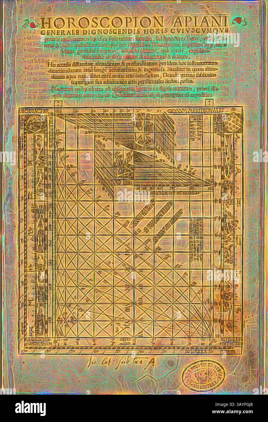 Un'intricata carta astrologica adornata da elaborate illustrazioni, raffiguranti configurazioni celesti e pattern geometrici. Il layout presenta varie scatole ed etichette, suggerendo un'analisi dettagliata degli oroscopi e delle influenze cosmiche., quadrante solare, variante semplice dell'astrolabio, frontespizio, 1533, Petrus Apian: Horoscopion Apiani generale dignoscendis horis cuiusqumque generis aptissimum [...]. Il suo accedit distantia[rum], altitudinum, & profunditatum per idem hoc instrumentum dimetiendarum ratio longe accuratissima & ingeniosa [...]. [Ingolstadt]: [Apianus], [1533], arte classica con Foto Stock