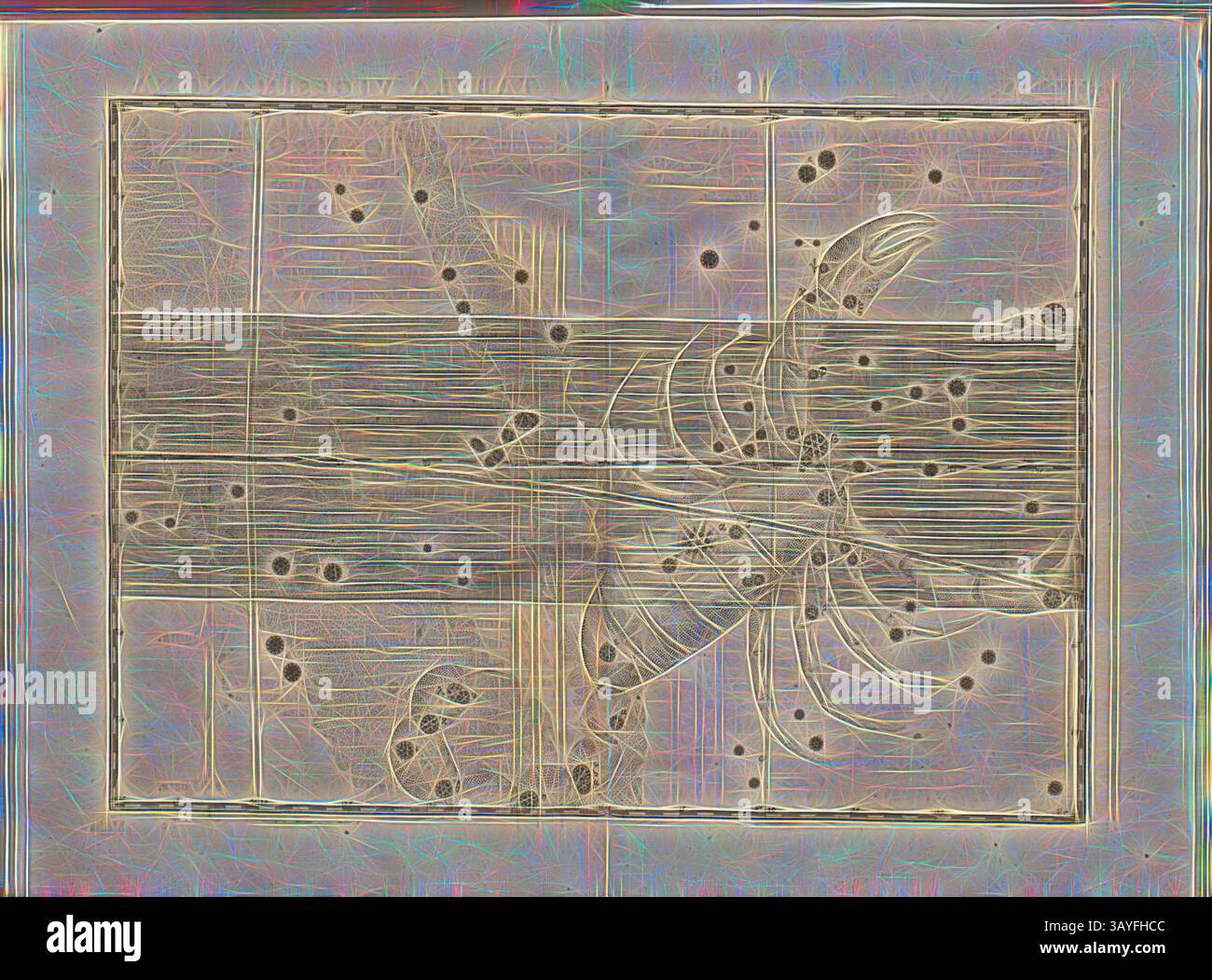 Una rappresentazione astratta caratterizzata da linee e forme intricate che evocano un senso di movimento e complessità. Varie forme organiche si intrecciano con una serie di modelli strutturati, creando un'interazione dinamica tra spontaneità e ordine., Scorpio, Scorpio costellation, P. 97, Bayer, Johann, 1603 anni, Ioannis Bayeri Uranometria omnium asterismorum (...). Augustae Vindelicorum: Excudit Christopherus Mangus, 1603, arte classica con un tocco moderno reinventata da Artotop Foto Stock