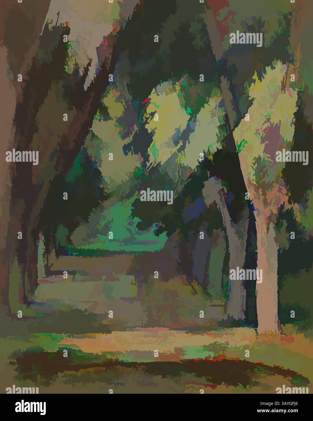 Un sentiero tranquillo fiancheggiato da alberi lussureggianti, che crea un'atmosfera tranquilla che invita all'esplorazione. Il fogliame proietta una luce dappata lungo il terreno, migliorando l'atmosfera tranquilla della scena. Paul Cézanne: L'Allée di castagni al Jas de Bouffan (l'allée des marronniers au Jas de Bouffan), Paul Cézanne, c. 1888, olio su tela, per gran parte degli anni '1880 e '1890, Cézanne visse e lavorò al Jas du Bouffan, la tenuta di suo padre alla periferia di Aix-en-Provence. Spesso dipingeva scene da tutto il complesso, che includeva una grande casa del XVIII secolo e giardini formali. Qui lui Foto Stock