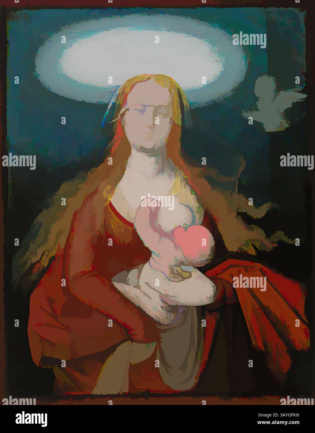 Una figura serena con lunghi capelli che scorrono trattiene un neonato, bagnato da un soffice alone di luce. Lo sfondo presenta una presenza sottile, forse un angelo, che aggiunge un senso di calma divina alla scena. I colori e le pennellate evocano una qualità da sogno, migliorando il legame materno raffigurato. Hans Baldung Grien (Hans Baldung): Madonna con il bambino, Hans Baldung Grien (Hans Baldung), 1539, olio e tempera su tavola, Hans Baldung Grien è stato un pittore e incisore tedesco che ha studiato sotto Albrecht Dürer. Baldung si distinse come uno dei grandi artisti del Rinascimento settentrionale, producendo Foto Stock