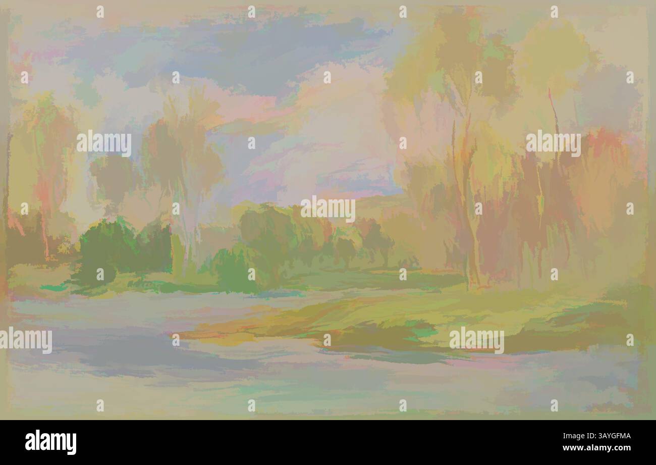 Un paesaggio sereno mette in mostra un fiume delicato che scorre attraverso una lussureggiante scena dipinta delicatamente piena di alberi e colori delicati che evocano un senso di tranquillità. Il cielo riflette sfumature delicate, che accennano a un'alba o un crepuscolo tranquilli. Pierre-Auguste Renoir: Landscape (Paysage), Pierre-Auguste Renoir, c. 1900–1905, olio su tela, totale: 8 x 12 1/4 poll. (20,3 x 31,1 cm) Arte classica con un tocco moderno reinventata da Artotop Foto Stock