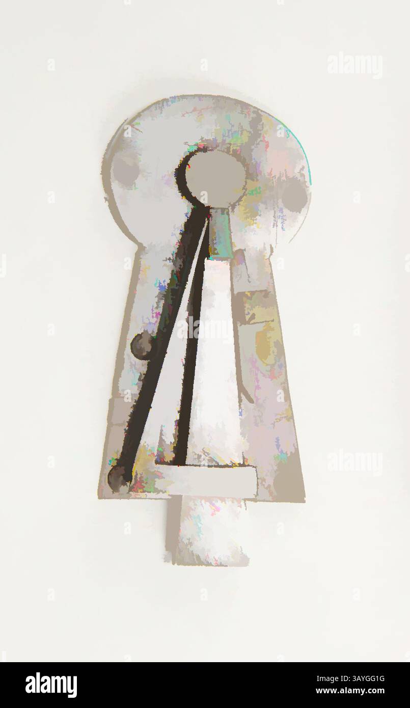 Una rappresentazione astratta di un buco della serratura, caratterizzata da forme geometriche e da una combinazione di linee lisce e angolari, che evocano un senso di mistero e curiosità. Americano o inglese: LATCH, americano o inglese, XIX secolo, ferro, totale: 5 3/4 x 2 5/8 x 3/8 poll. (14,6 x 6,7 x 1 cm) Arte classica con un tocco moderno reinventata da Artotop Foto Stock