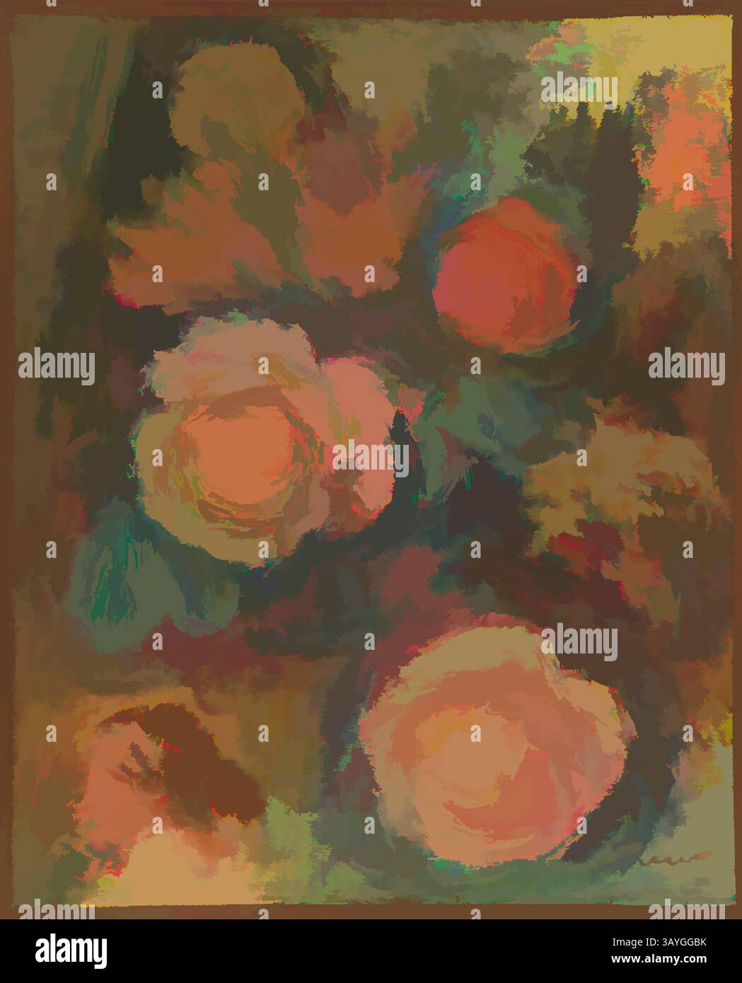 Una vibrante disposizione di fiori lussureggianti, caratterizzata da fiori morbidi e arrotondati in calde sfumature di pesca e arancio, circondata da un ricco arazzo di verdi e sfumature più profonde, creando un'atmosfera impressionista che evoca un senso di bellezza naturale e armonia. Pierre-Auguste Renoir: Bouquet di rose, Pierre-Auguste Renoir, 1900, olio su tela, totale: 11 1/8 x 9 1/8 poll. (28,3 x 23,2 cm) Arte classica con un tocco moderno reinventata da Artotop Foto Stock