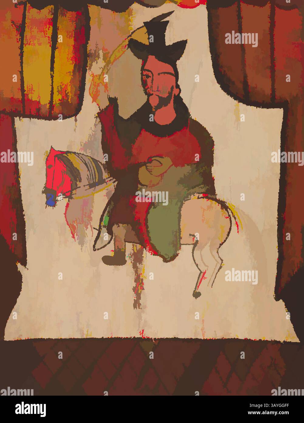 Una figura regale vestita con abiti vivaci si siede con sicurezza su un cavallo bianco, tenendo un oggetto in una mano, circondato da uno sfondo di colori e motivi ricchi che suggeriscono un ambiente decorato. La composizione generale evoca un senso di storia e narrazione. Nuovo messicano: Saint James (Santiago), José Aragon, nuovo messicano, c. 1830, vernice a base d'acqua su pannello di legno, totale: 10 3/4 x 8 3/8 poll. (27,3 x 21,3 cm) Arte classica con un tocco moderno reinventata da Artotop Foto Stock