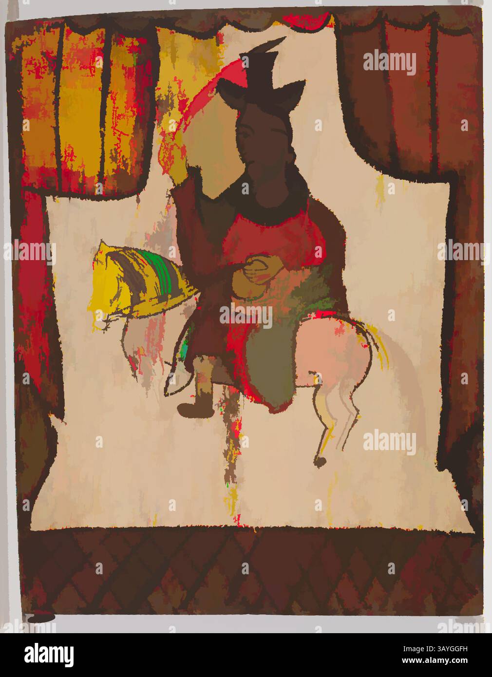 Una figura in abiti elaborati cavalca un cavallo stilizzato, incorniciato da vibranti drappeggi. La scena evoca un senso di narrazione, mescolando elementi storici con interpretazioni artistiche. Nuovo messicano: Saint James (Santiago), José Aragon, nuovo messicano, c. 1830, vernice a base d'acqua su pannello di legno, totale: 10 3/4 x 8 3/8 poll. (27,3 x 21,3 cm) Arte classica con un tocco moderno reinventata da Artotop Foto Stock