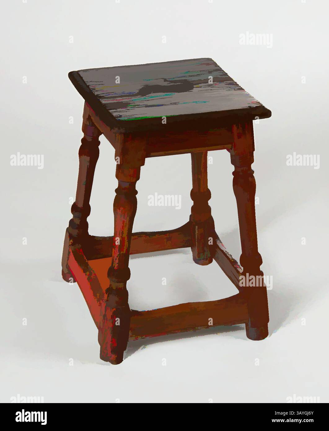 Uno sgabello in legno rustico con un piano quadrato e gambe ricurve, sfoggiando una finitura resistente agli agenti atmosferici che suggerisce anni di utilizzo e fascino. Inglese: Joint Stool, inglese, 1690–1700, quercia e ciliegia, totale: 16 1/4 x 11 3/8 x 11 3/8 poll. (41,3 x 28,9 x 28,9 cm) Arte classica con un tocco moderno reinventata da Artotop Foto Stock