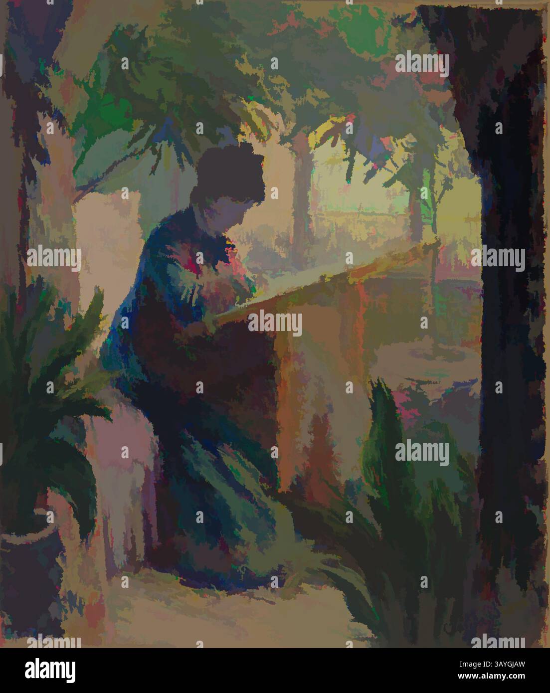 Un ambiente tranquillo caratterizzato da una figura immersa in un impegno artistico, circondato da una vegetazione lussureggiante e da una luce soffusa che filtra attraverso il fogliame. L'atmosfera è serena, evocando un senso di contemplazione e creatività. Claude Monet: Madame Monet Embroidering (Camille au métier), Claude Monet, 1875, olio su tela, anche se Monet preferiva la pittura all'aria aperta, circondato da luci e atmosfere mutevoli, qui porta il suo cavalletto al chiuso per catturare la sua prima moglie, Camille Doncieux, seduta al suo telaio da ricamo. Silenziosamente assorbita nel suo compito, la figura di Monet richiama le scene di genere del diciassettesimo Foto Stock