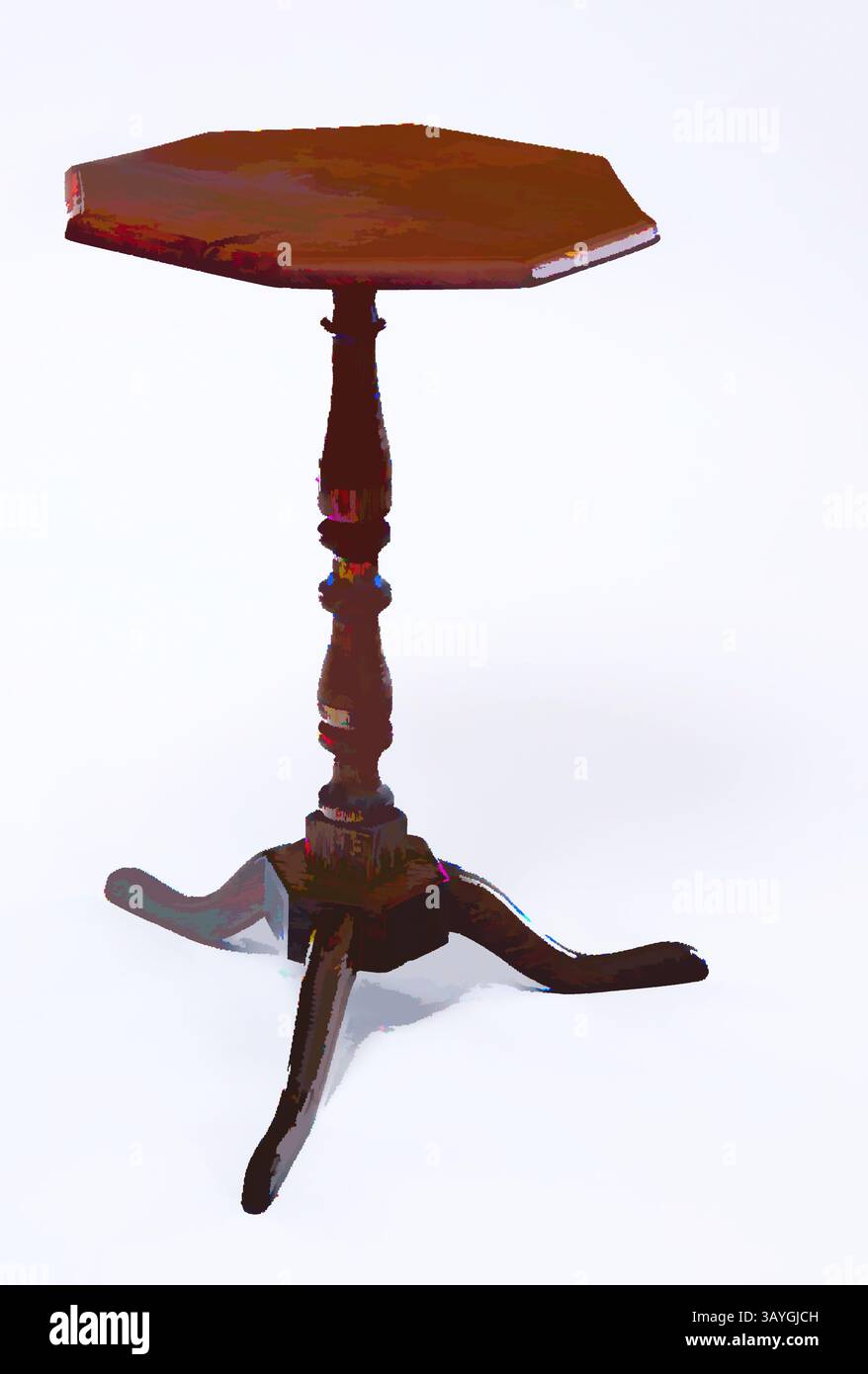 Tavolo ottagonale vintage con piano in legno lucido, supportato da una colonna centrale elegantemente girata e da una base robusta con gambe curve. Americano: Candlestand, americano, XVIII secolo, quercia e ciliegia, totale: 25 7/8 x 20 1/8 x 19 3/4 poll. (65,7 x 51,1 x 50,2 cm) Arte classica con un tocco moderno reinventata da Artotop Foto Stock