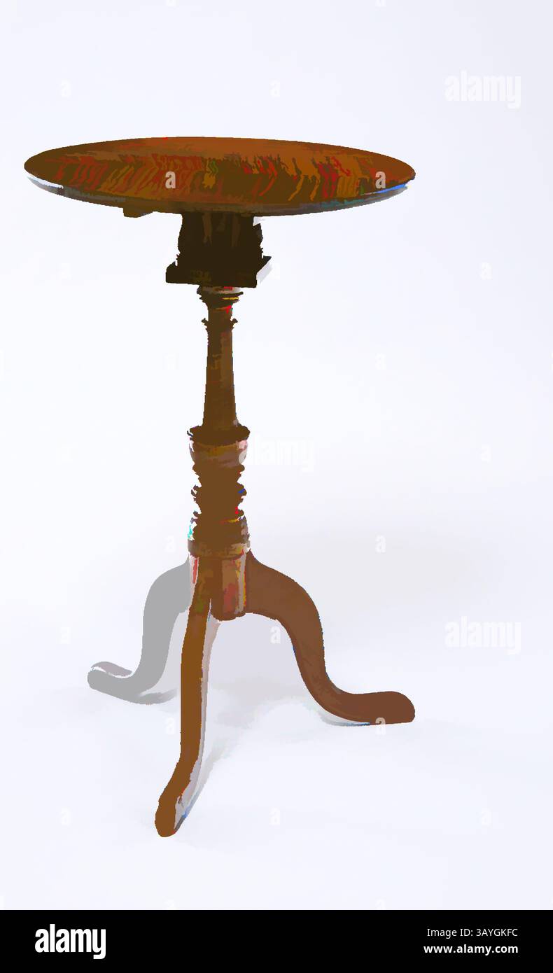 Un tavolo in legno vintage presenta un piano rotondo supportato da un piedistallo elegantemente girato e tre gambe curve, che mostrano un design classico. Americano: Candlestand, americano, 18th Century, Maple, generale: 17 3/4 x 28 3/8 x 17 3/4 poll. (45,1 x 72,1 x 45,1 cm) Arte classica con un tocco moderno reinventata da Artotop Foto Stock