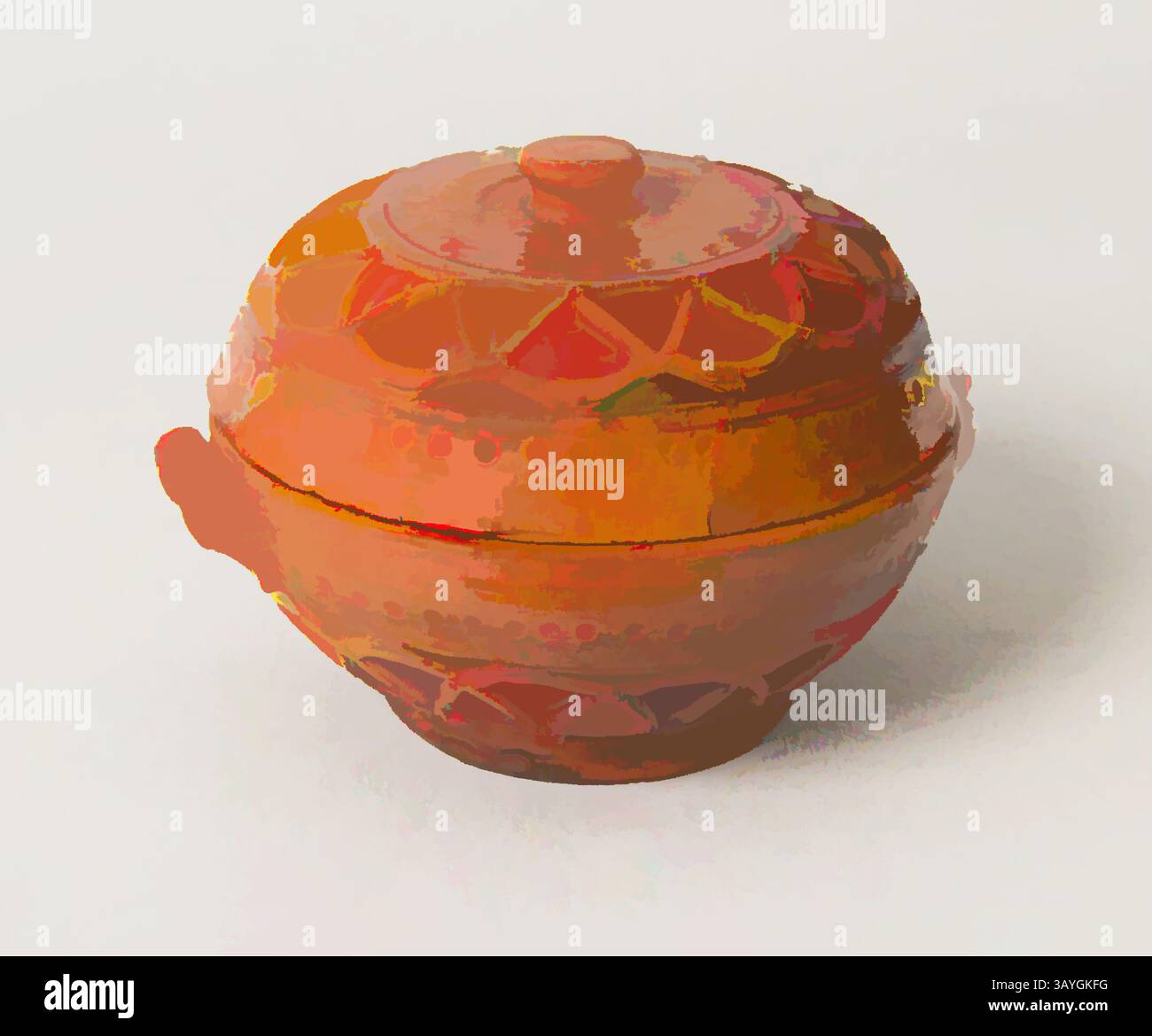 Un contenitore in ceramica dal design complesso con una forma arrotondata e un coperchio decorativo, caratterizzato da colori vivaci e motivi che riflettono la maestria artigianale. Samuel Miller: Covered Bowl, Samuel Miller, 1871, Redware, 'Redware' è un termine generale per la ceramica di terracotta fatta di argilla ricca di ferro che diventa rossastro-marrone quando cotta. In Pennsylvania, il redware era prodotto principalmente da immigrati tedeschi -"tedeschi della Pennsylvania" - che portarono la tradizione dall'Europa e usarono tali vasi per scopi utilitari - cucinare, mangiare e immagazzinare. Questa ciotola, fatta da Samuel Miller, è una delle sue più grandi Foto Stock