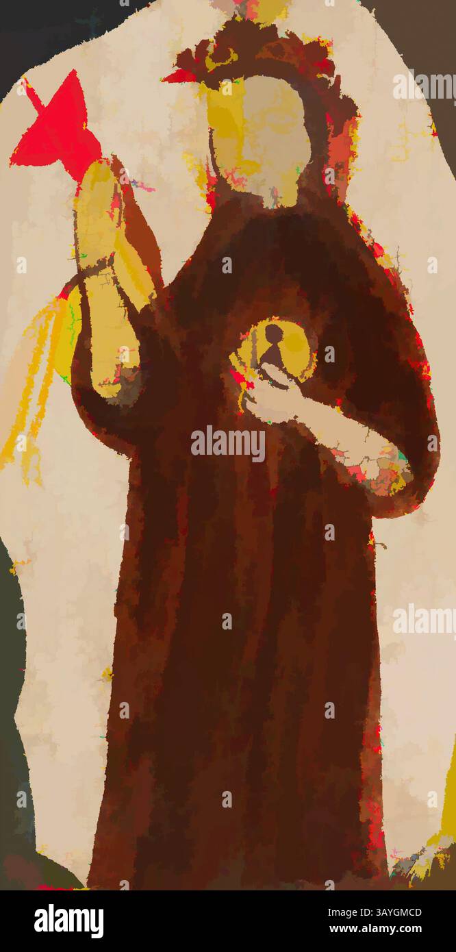 Una figura vestita con un abito che scorre tiene una campana dorata in una mano e un oggetto rosso nell'altra, circondato da uno sfondo astratto e colorato. Nuovo messicano: Saint Rosalia di Palermo (Santa Rosalia de Palermo), A. J. Santero, nuovo messicano, c. 1825, vernice a base d'acqua su pannello di legno, totale: 6 1/2 x 4 1/2 poll. (16,5 x 11,4 cm) Arte classica con un tocco moderno reinventata da Artotop Foto Stock