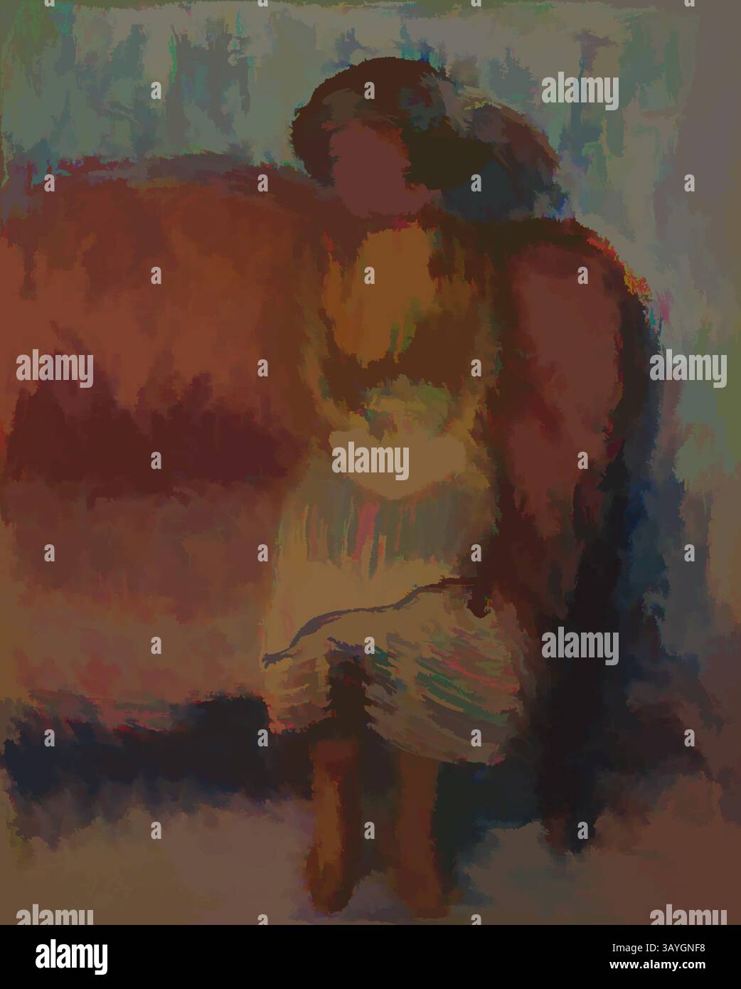 Una figura si siede tranquillamente su un divano, drappeggiata in colori morbidi e morbidi che si fondono insieme, creando un'atmosfera di introspezione e serenità. La postura del personaggio suggerisce la contemplazione, circondata da un delicato lavaggio di sfumature che evocano un senso di calma. William James Glackens: Woman Seated on Red Sofa, William James Glackens, c. 1912–1913, Oil on Canvas, Overall: 17 3/4 x 14 1/4 in. (45,1 x 36,2 cm) Arte classica con un tocco moderno reinventata da Artotop Foto Stock