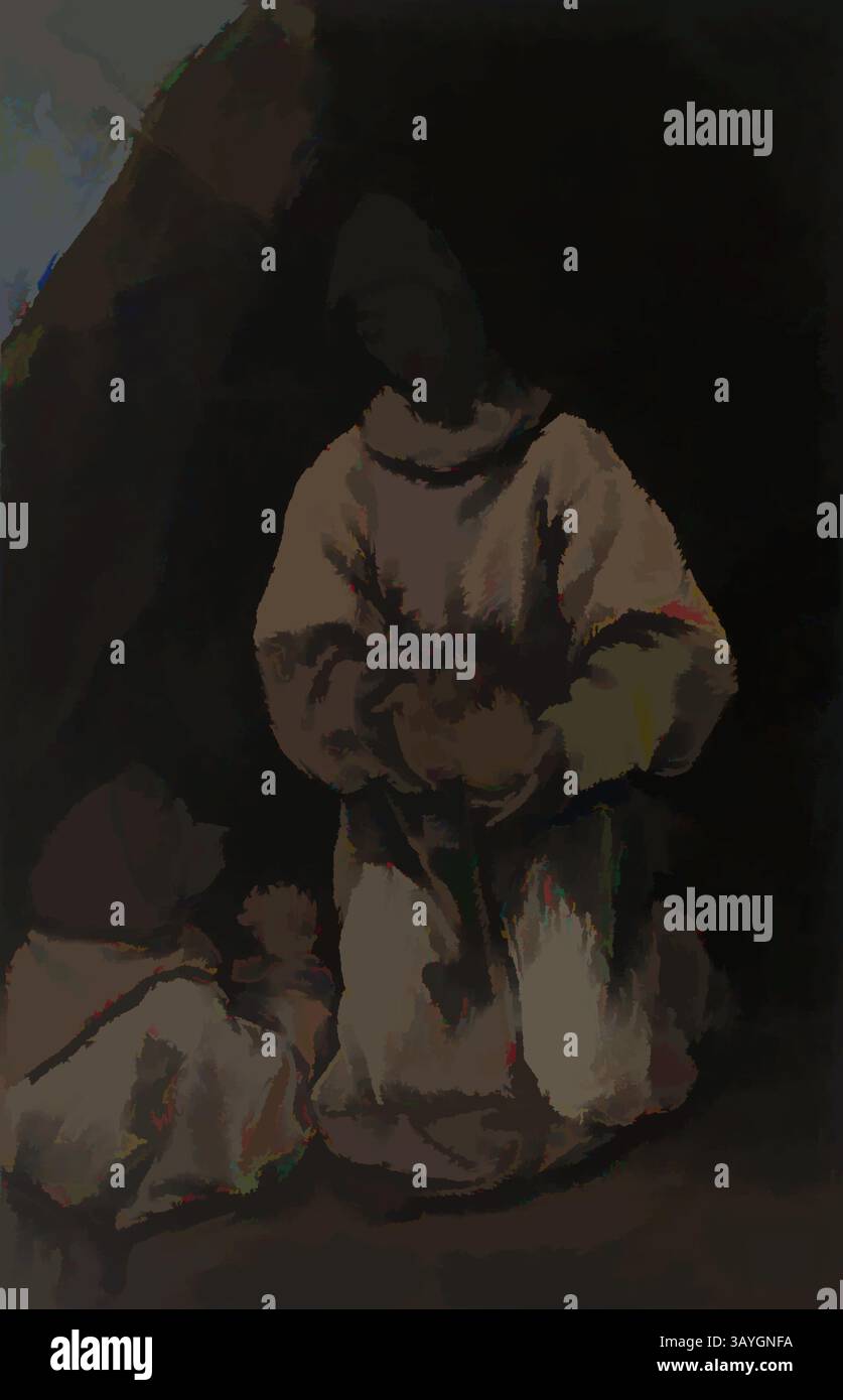 Una scena serena raffigurante due figure, una inginocchiate e l'altra sedute, impegnate in un momento di intimità o contemplazione, circondate da forme ombrose che evocano un senso di quiete e riflessione. El Greco (Domenikos Theotokopoulos): San Francesco e frate Leone meditano sulla morte, El Greco (Domenikos Theotokopoulos), c. 1600–1605, olio su tela, San Francesco (1181-1226) si inginocchia all'ingresso di una grotta, meditando su un teschio umano, mentre il suo amico frate Leone si stringe le mani in preghiera. Posto al centro della tela, il cranio è sia il luogo della contemplazione che il simbolo della morte Foto Stock