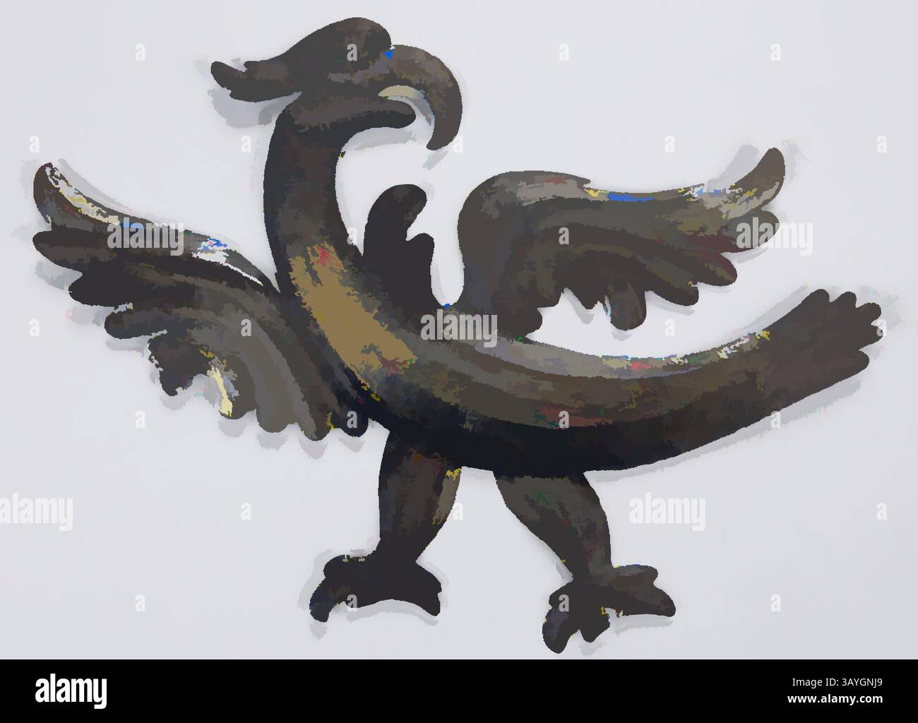 Un uccello stilizzato con collo allungato e ali intricate, in posizione maestosa come se fosse pronto a prendere il volo. Il design ha una qualità sorprendente e astratta che enfatizza le curve e i contorni della sua forma. Francese: Decorazione porte, francese, XVIII secolo, ferro, totale: 8 3/4 x 12 3/8 x 1/2 poll. (22,2 x 31,4 x 1,3 cm) Arte classica con un tocco moderno reinventata da Artotop Foto Stock