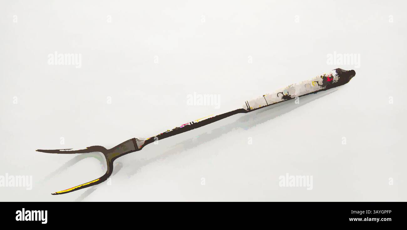 Una forchetta da giardinaggio con manico colorato, con testa in metallo a due punte progettata per scavare e trasformare il terreno. Europeo: Fork, europeo, XIX secolo, ferro, totale: 16 1/8 x 1 1/2 x 2 3/8 poll. (41 x 3,8 x 6 cm) Arte classica con un tocco moderno reinventata da Artotop Foto Stock