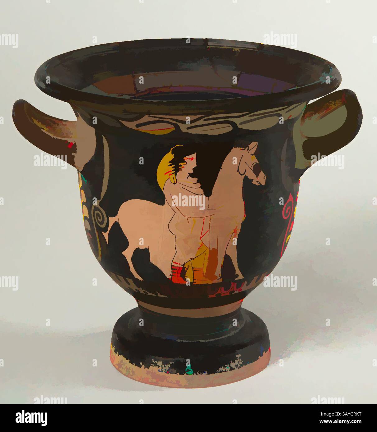 Un vaso greco antico dal design complesso che presenta una scena di una figura che abbraccia un cavallo, adornato da motivi colorati e contorni vividi che ne esaltano il fascino artistico. I manici su entrambi i lati aggiungono un tocco di eleganza classica. Greco: Red-Figure Bell Krater, artista non identificato, greco, fine V-IV secolo a.C., ceramica, generale: 7 3/4 x 8 3/4 x 7 3/4 pollici (19,7 x 22,2 x 19,7 cm) Arte classica con un tocco moderno reinventata da Artotop Foto Stock