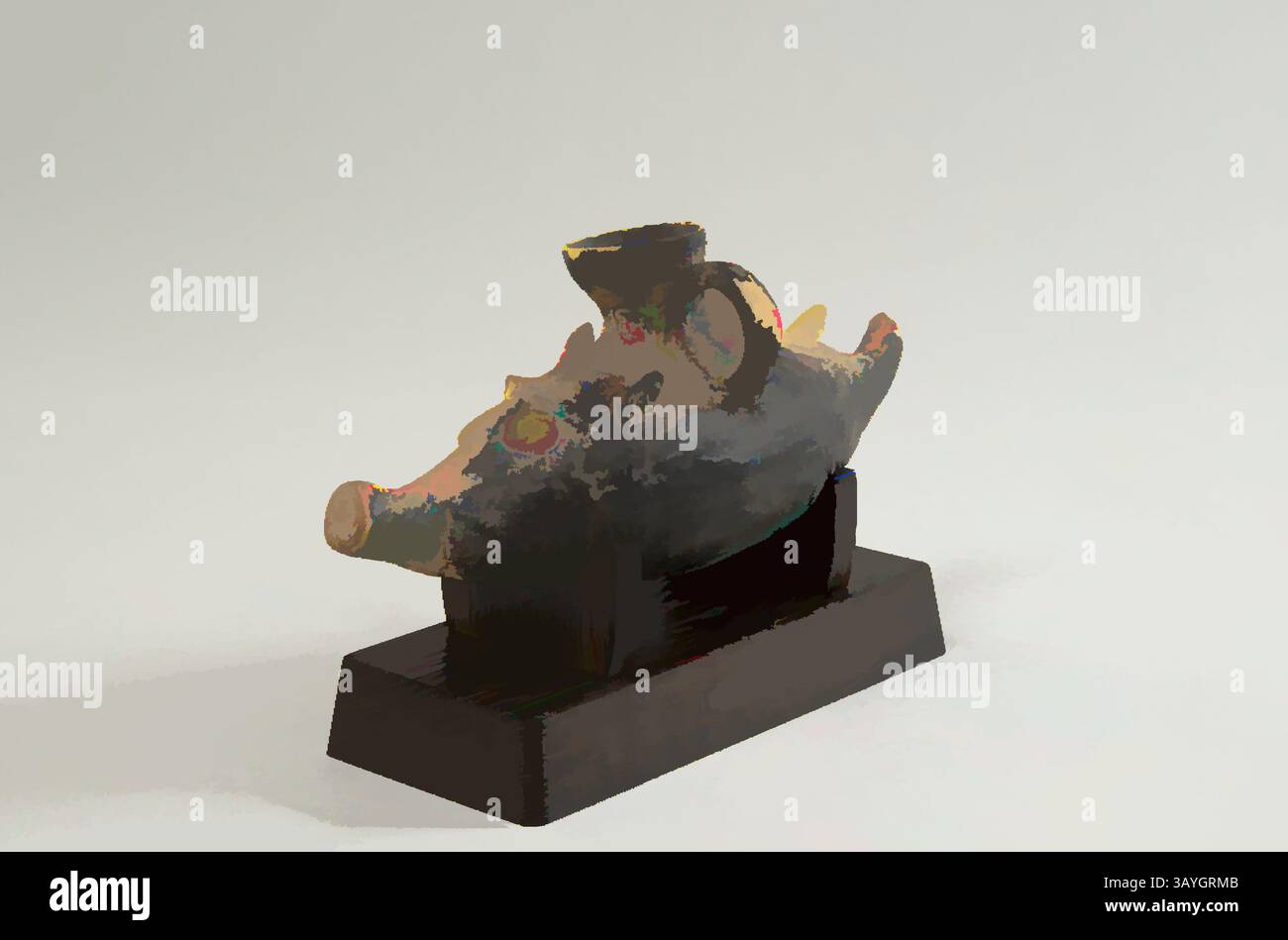 Una scultura stilizzata di un maiale con un piccolo beccuccio, progettata in modo complesso e poggiata su una base di legno, che mostra una miscela unica di colori e forme. Greco: Askos a forma di animale, Inagaki, greco, IV-III secolo a.C., ceramica, totale: 3 3/8 x 3 x 8 3/8 poll. (8,6 x 7,6 x 21,3 cm) Arte classica con un tocco moderno reinventata da Artotop Foto Stock