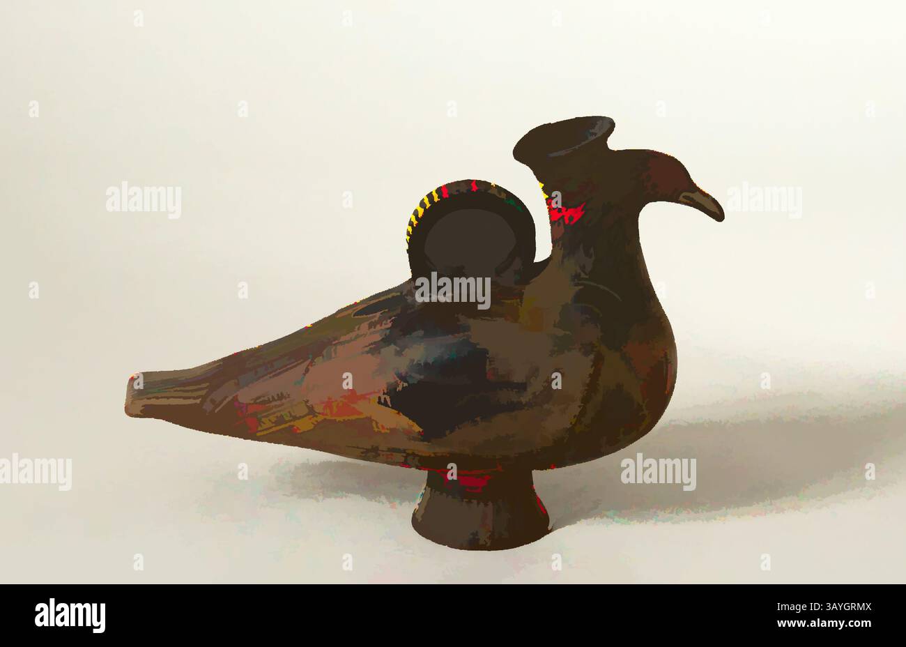 Un vaso decorativo a forma di uccello, caratterizzato da dettagli intricati e una postura graziosa, che mostra l'artigianato artistico. Il design include un corpo arrotondato e un esclusivo ed elegante collo ricurvo. Etrusco: Uccello a figura rossa Askos, etrusco, fine IV secolo a.C., ceramica, in generale: 7 x 9 3/4 x 3 3/8 poll. (17,8 x 24,8 x 8,6 cm) Arte classica con un tocco moderno reinventata da Artotop Foto Stock