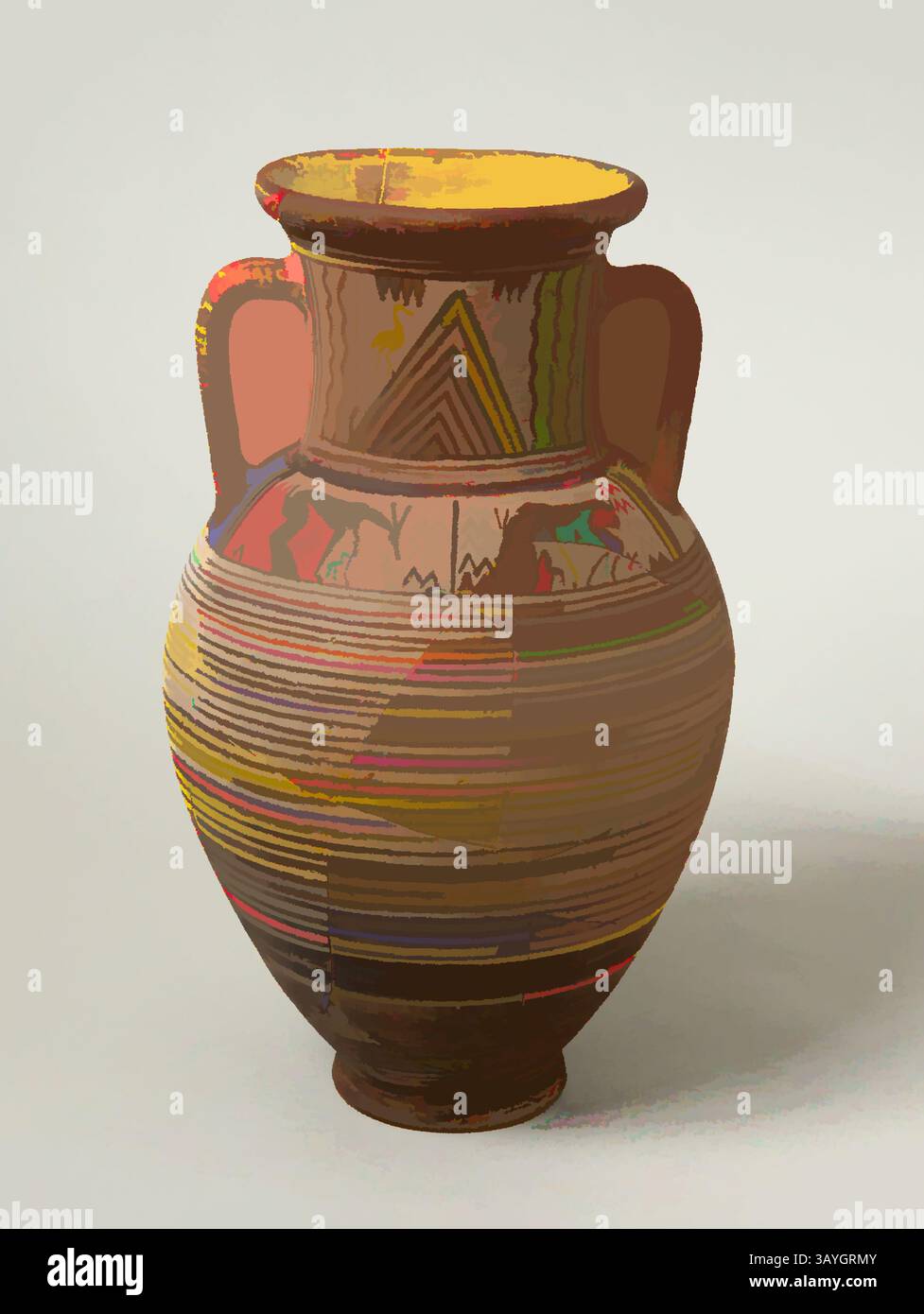 Un vaso in ceramica dal design complesso, decorato con vivaci motivi geometrici e antichi motivi, che mostrano artigianato artistico e patrimonio culturale. I manici e le texture ricche aggiungono un tocco distintivo al suo aspetto. Greco: Geometrico Amphora, greco, forse VIII secolo a.C., o forse moderno, ceramico, nel complesso: 16 3/8 x 10 pollici (41,6 x 25,4 cm) Arte classica con un tocco moderno reinventata da Artotop Foto Stock