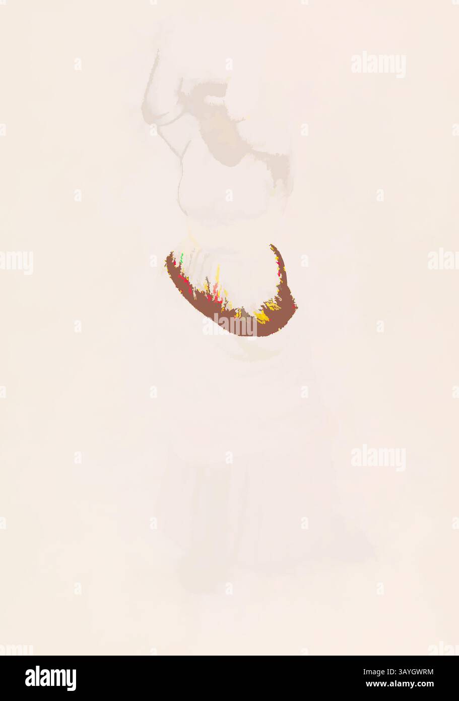 Una figura in abbigliamento tradizionale si erge con grazia, alzata a mani alzate, con una colorata fascia intrecciata che accentua la semplicità dell'outfit. I toni delicati circostanti creano una qualità da sogno, enfatizzando l'eleganza della posa. Manolo: Laundress, Manolo, prima del 1921, penna e inchiostro marrone e grafite su carta tessuta, totale: 13 3/4 x 10 poll. (34,9 x 25,4 cm) Arte classica con un tocco moderno reinventata da Artotop Foto Stock