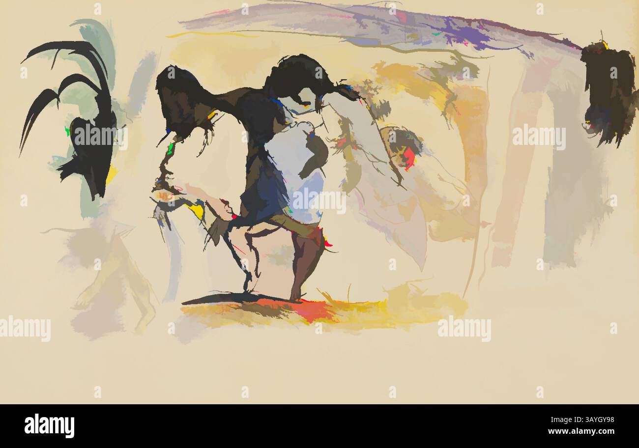 Una composizione astratta caratterizzata da forme fluide e figure espressive che evocano un senso di movimento e interazione. La fusione di colori e forme crea una scena dinamica, invitante interpretazione e coinvolgimento emotivo. Jules Pascin: Siesta, Jules Pascin, 1915, penna e inchiostro con acquerello su carta tessuta, totale: 7 7/8 x 12 pollici (20 x 30,5 cm) Arte classica con un tocco moderno reinventata da Artotop Foto Stock