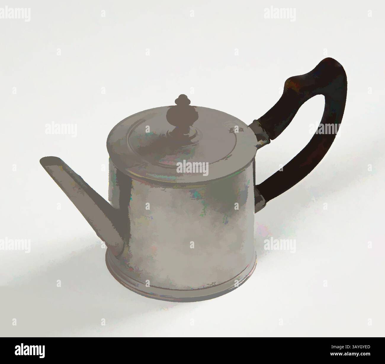 Un'elegante teiera in metallo presenta un beccuccio curvo e un manico dal design elegante che mette in risalto un mix di estetica classica e moderna. Inglese: Teiera, Pitt & Dadley, inglese, XVIII secolo, peltro e legno, totale: 13/16 x 1/2 x 7/8 poll. (12,2 x 21,6 x 9,8 cm) Arte classica con un tocco moderno reinventata da Artotop Foto Stock