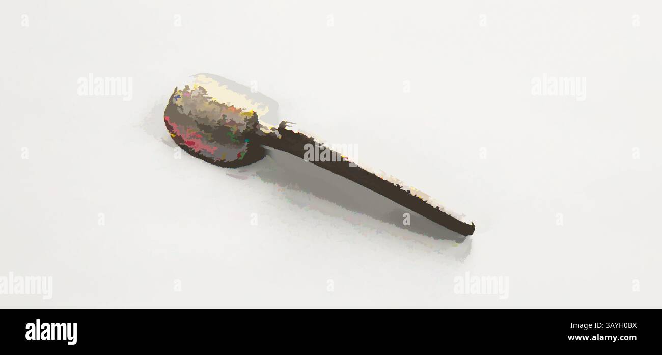 Un cucchiaio semplice ed essenziale si trova su una superficie liscia, catturando la luce in un modo che enfatizza il suo design elegante. Americano: Thumbpiece, americano, XVIII-XIX secolo, ferro, generale: 4 1/8 x 1 1/16 x 3/4 pollici (10,5 x 2,7 x 1,9 cm) Arte classica con un tocco moderno reinventata da Artotop Foto Stock