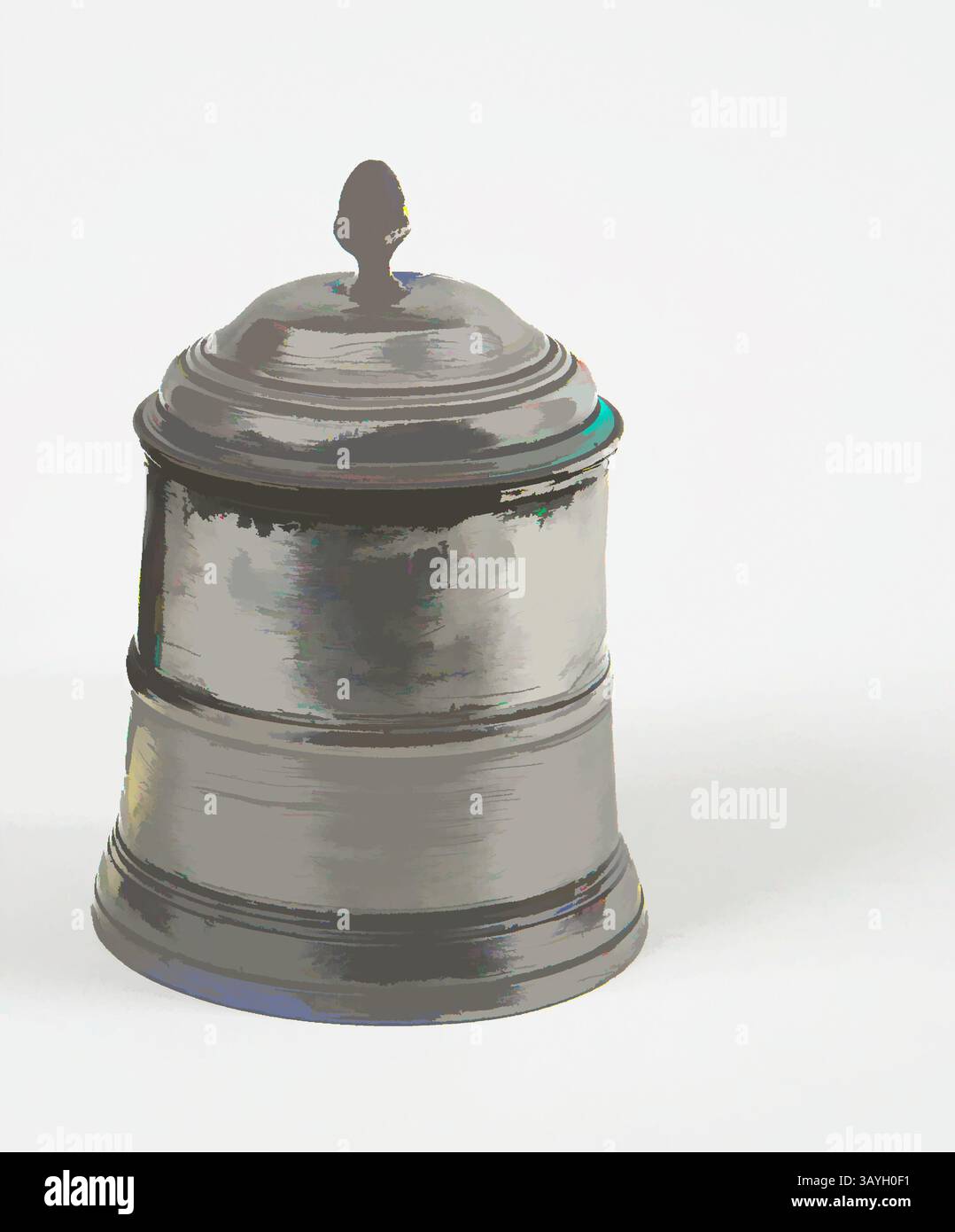 Contenitore cilindrico in metallo lucido con coperchio a cupola e finitura decorativa sulla parte superiore, che riflette la luce con curve eleganti e superfici lisce. Inglese: Tabacchi Box, inglese, XIX secolo, peltro, totale: 3 9/16 x 3 7/8 poll. (9 x 9,8 cm) Arte classica con un tocco moderno reinventata da Artotop Foto Stock