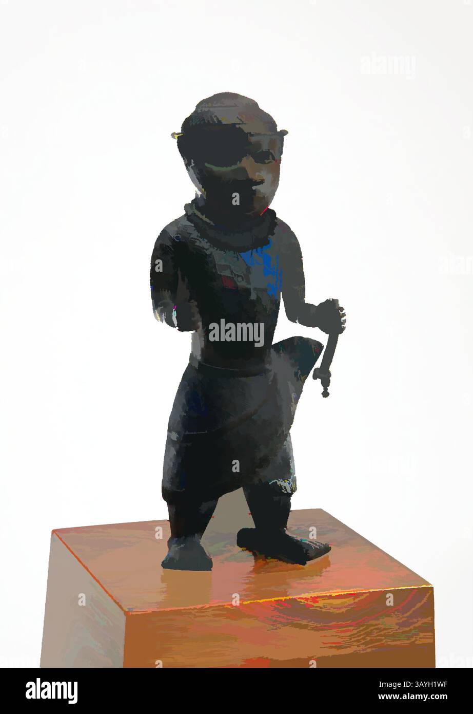 Una piccola figura lavorata in modo complesso si trova su un piedistallo, tenendo una spada in una mano. La figura indossa un abbigliamento tradizionale, caratterizzato da motivi dettagliati, e ha un'espressione facciale distintiva che trasmette forza e autorità. Le sue caratteristiche principali evidenziano l'arte e il significato culturale del pezzo. Benin Kingdom, Edo: Standing male Figure, Unidentified Artist, Benin Kingdom, Edo, XVI secolo, lega di rame, questa figura risale al XVI secolo. Fu realizzato da un artista che lavorava per il re (Oba) del Benin, un impero che fiorì nell'attuale Nigeria da Foto Stock