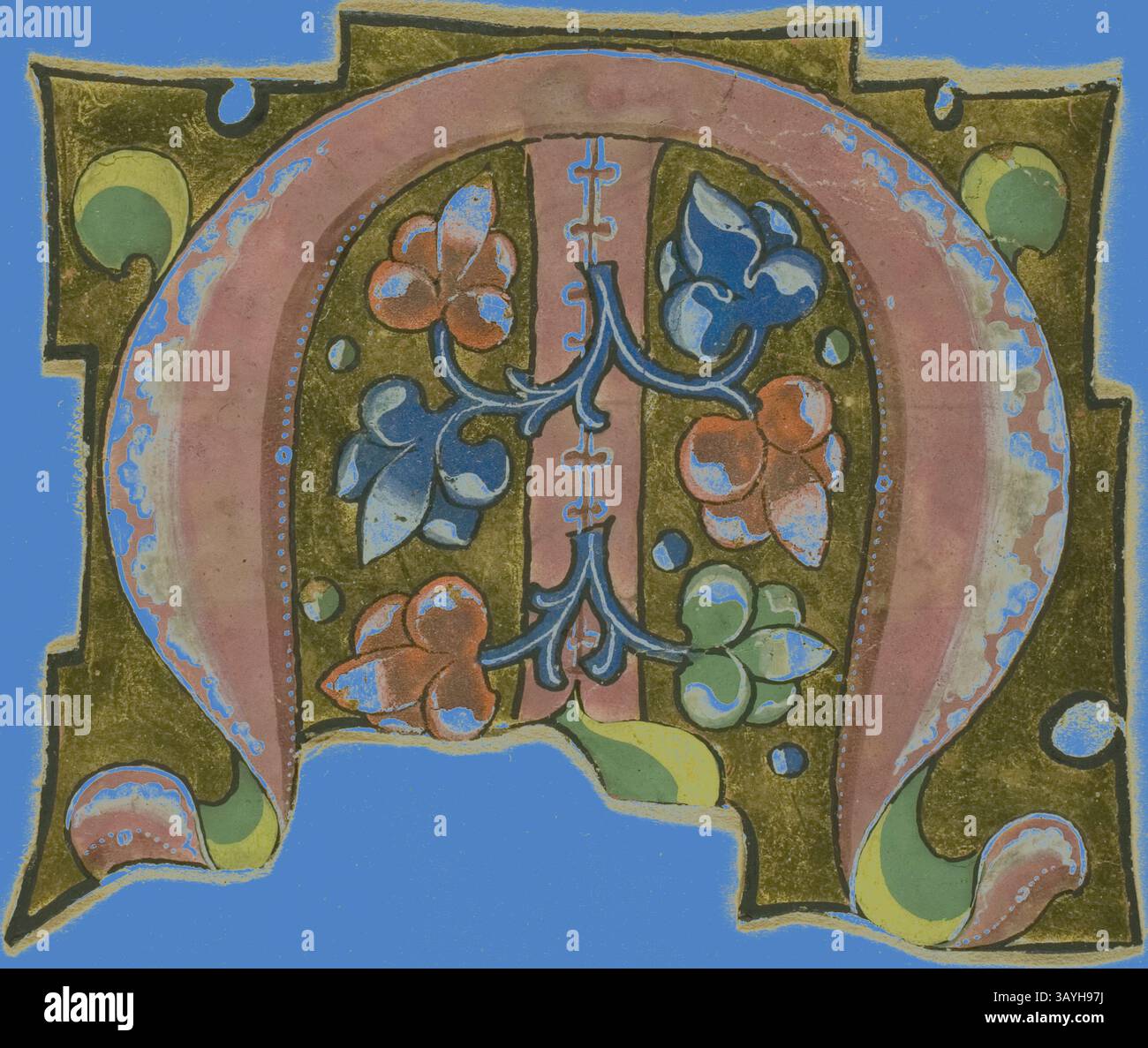 Un design decorativo caratterizzato da audaci motivi simmetrici di fiori e foglie in colori vivaci, su uno sfondo a contrasto. I dettagli intricati e le forme fluide creano una composizione armoniosa e visivamente coinvolgente. Decorato M iniziale in rosa con foglie convenzionali da un Libro del Coro, XIV secolo o moderno, c. 1920, europeo, Europa, manoscritto taglio a tempera e foglia d'oro su pergamena, 70 x 57 mm arte classica con un tocco moderno reinventato da Artotop Foto Stock