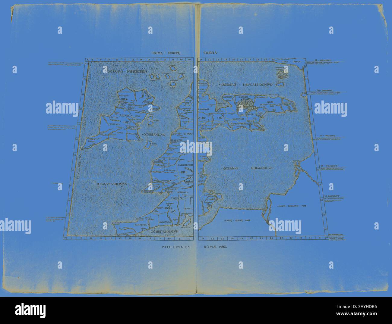 Una mappa storica raffigurante i territori della geografia tolemaica, illustrando regioni come l'Iberia, la Britannia e i mari circostanti, insieme a dettagli di navigazione e antichi toponimi. Prima Europe Tabula: Ptolemaeus Romae 1490, 1490, ristampato 1889, artista sconosciuto, inglese, 19th Century, Inghilterra, Woodcut in nero su carta posato crema Arte classica con un tocco moderno reinventato da Artotop Foto Stock
