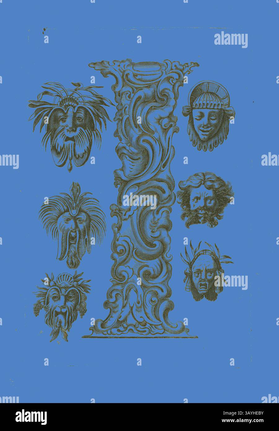 Una lettera "i" decorata è circondata da intricati disegni e volti umani stilizzati, ognuno con espressioni uniche e copricapi elaborati, il tutto su uno sfondo blu vibrante. Lettera i, 1630, Peter Aubry, tedesco, 1596-1668, Germania, incisione su carta, 226 x 155 mm (foglio) Arte classica con un tocco moderno reinventata da Artotop Foto Stock