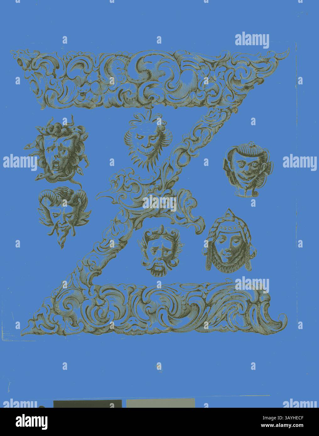 Una lettera "Z" ornata è circondata da intricati disegni floreali e sei volti umani distinti, ognuno con espressioni e acconciature uniche, che migliorano la composizione artistica complessiva. Lettera Z, 1630, Peter Aubry, tedesco, 1596-1668, Germania, incisione su carta, 228 x 182 mm Arte classica con un tocco moderno reinventata da Artotop Foto Stock