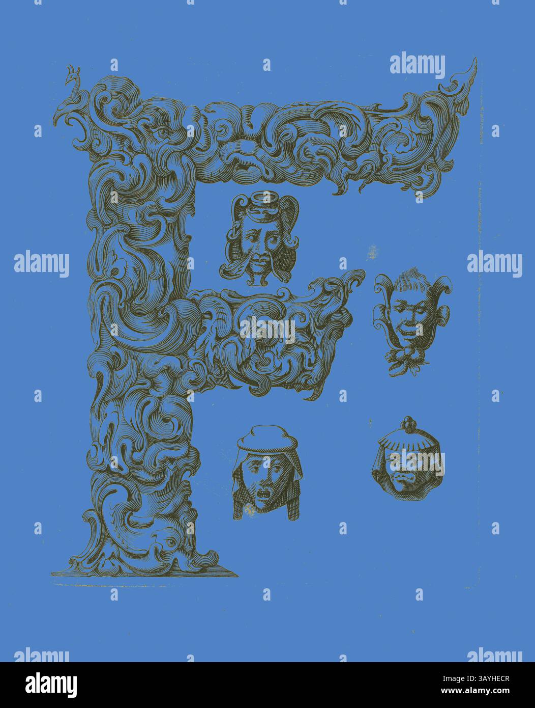 Una lettera "F" riccamente impreziosita da motivi vorticosi, accompagnata da volti umani stilizzati che ne esaltano il fascino artistico. Lettera F, 1630, Peter Aubry, tedesco, 1596-1668, Germania, incisione su carta, 217 x 174 mm Arte classica con un tocco moderno reinventata da Artotop Foto Stock